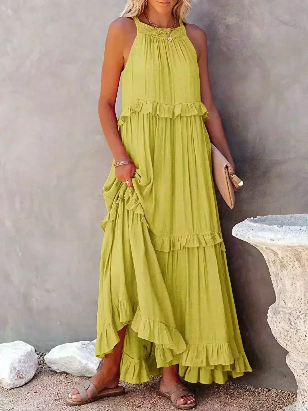 Vestido Largo Mujer con Volantes Cuello Alto Sin Mangas