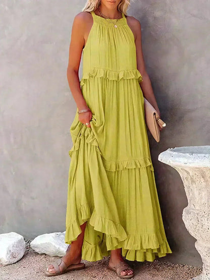 Vestido Largo Mujer con Volantes Cuello Alto Sin Mangas