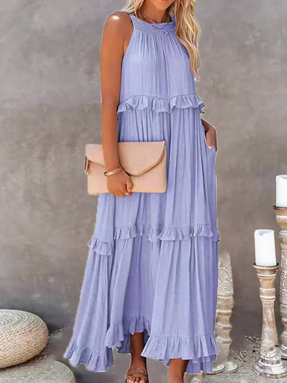 Vestido Largo Mujer con Volantes Cuello Alto Sin Mangas