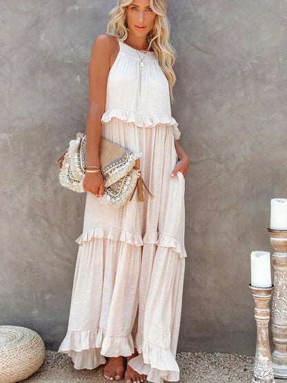 Vestido Largo Mujer con Volantes Cuello Alto Sin Mangas
