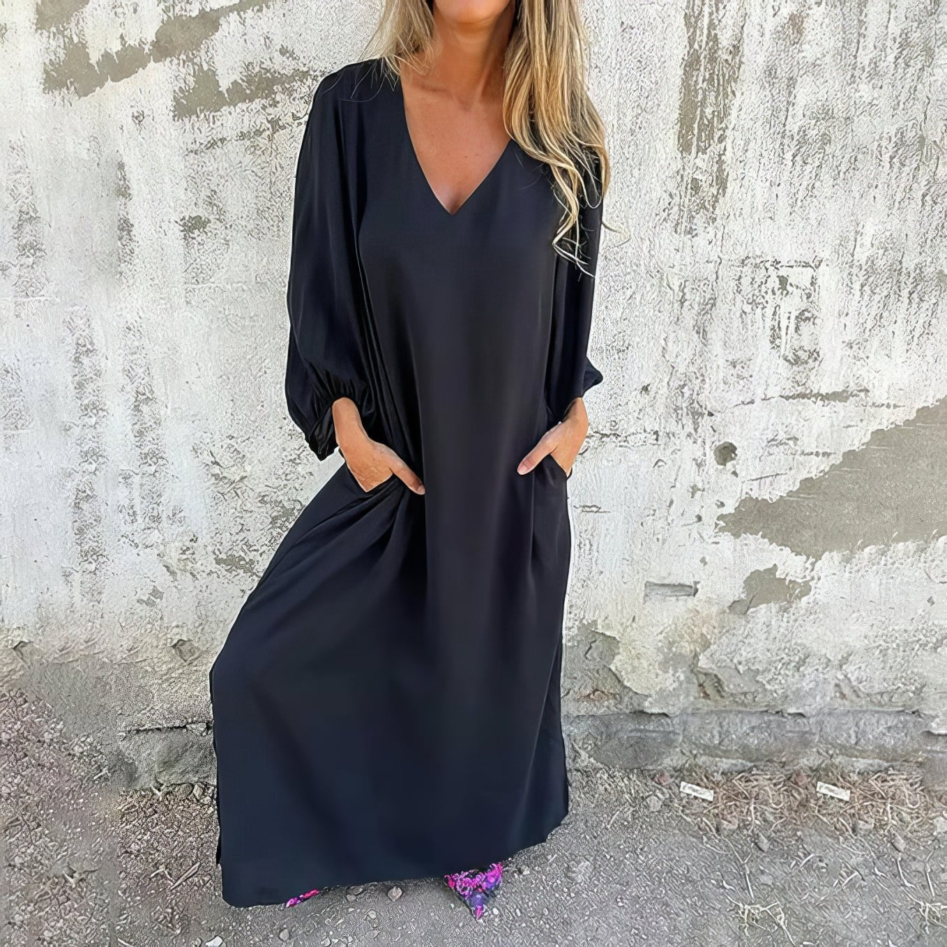 Vestido largo mujer de tejido ligero estilo bohemio con bolsillos