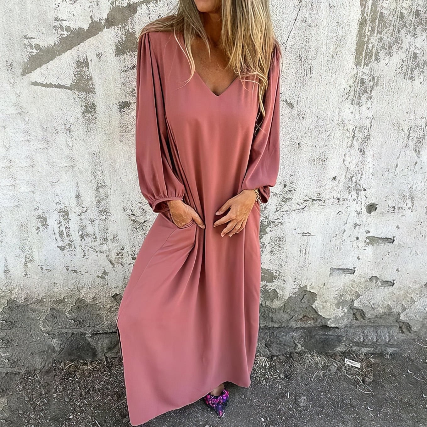 Vestido largo mujer de tejido ligero estilo bohemio con bolsillos