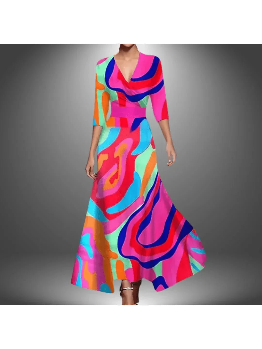 Vestido midi mujer de poliéster cuello en v manga media