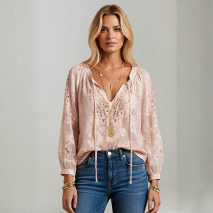 Blusa Mujer Boho Bordado Manga Larga Escote en V