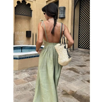 Vestido largo mujer de lino sin mangas espalda abierta lazo ajustable