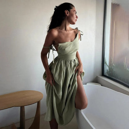 Vestido largo mujer de lino sin mangas espalda abierta lazo ajustable - Mavetta