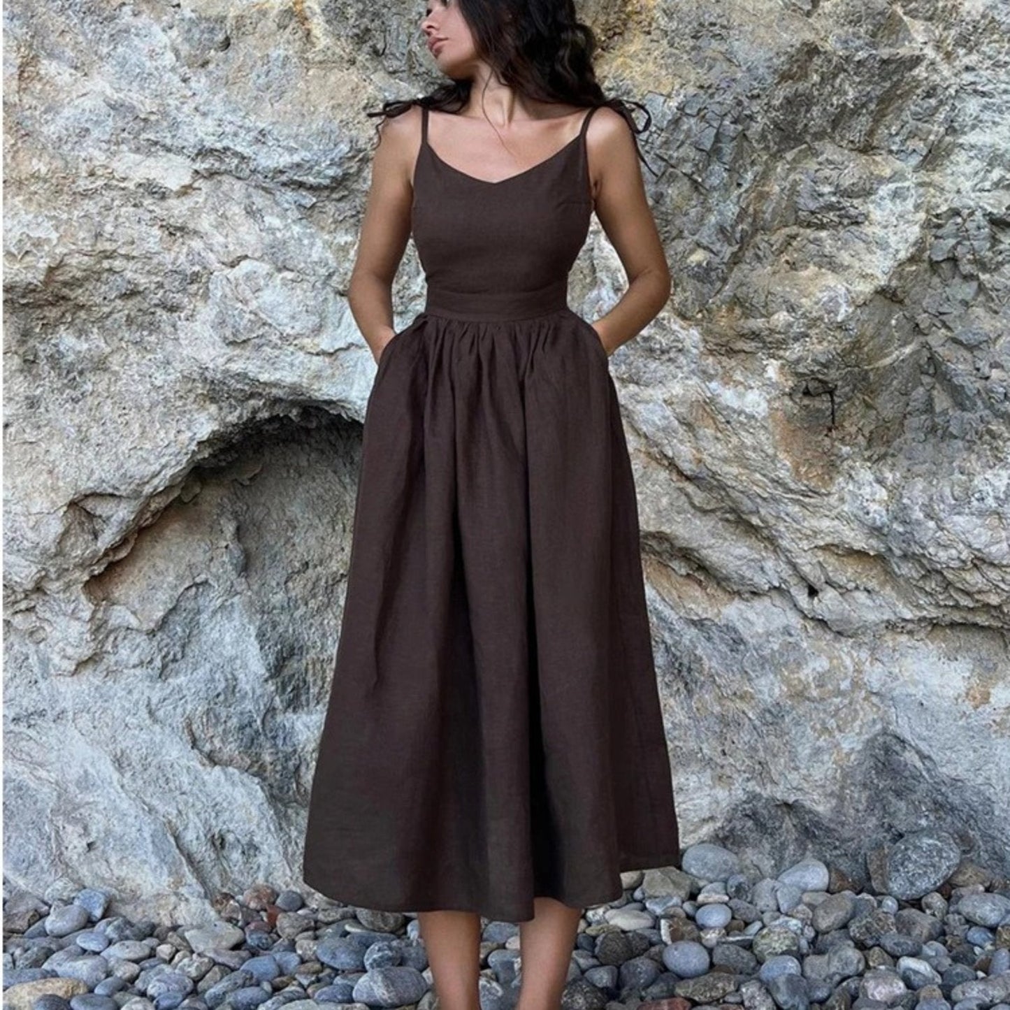 Vestido largo mujer de lino sin mangas espalda abierta lazo ajustable