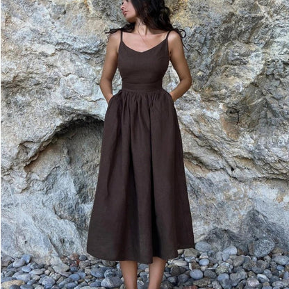Vestido largo mujer de lino sin mangas espalda abierta lazo ajustable
