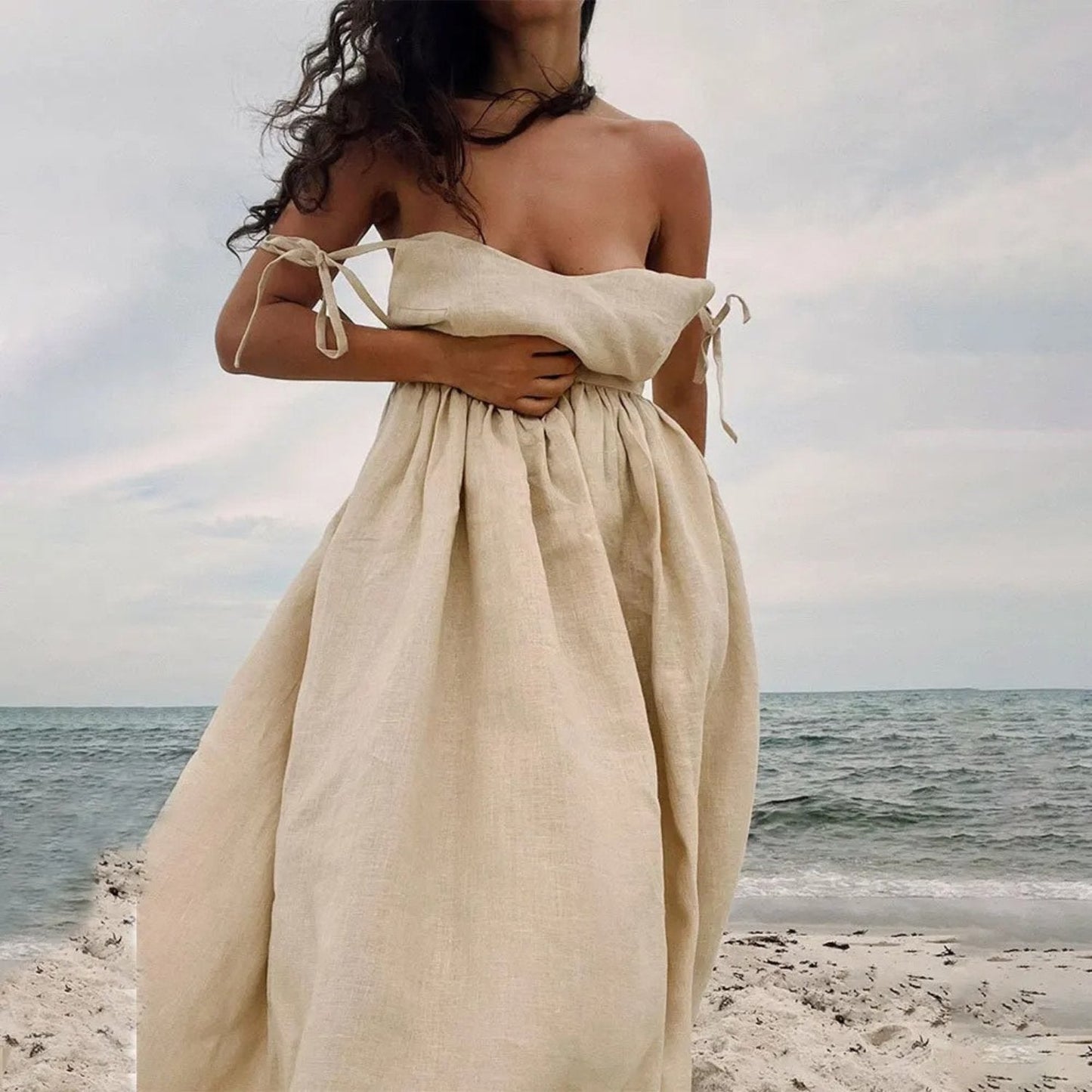 Vestido largo mujer de lino sin mangas espalda abierta lazo ajustable