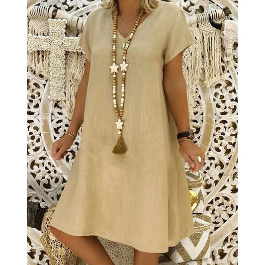 Vestido mini mujer de lino escote en v mangas cortas - Mavetta