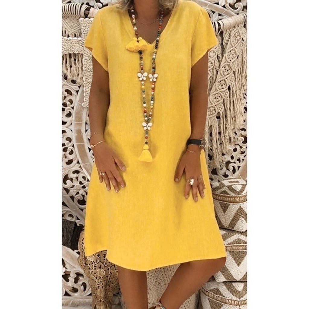 Vestido mini mujer de lino escote en v mangas cortas