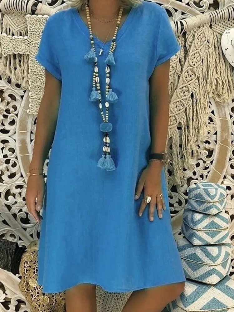 Vestido mini mujer de lino escote en v mangas cortas
