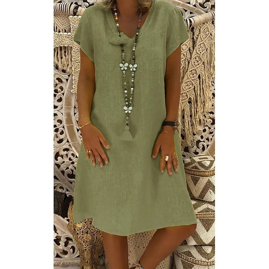 Vestido mini mujer de lino escote en v mangas cortas