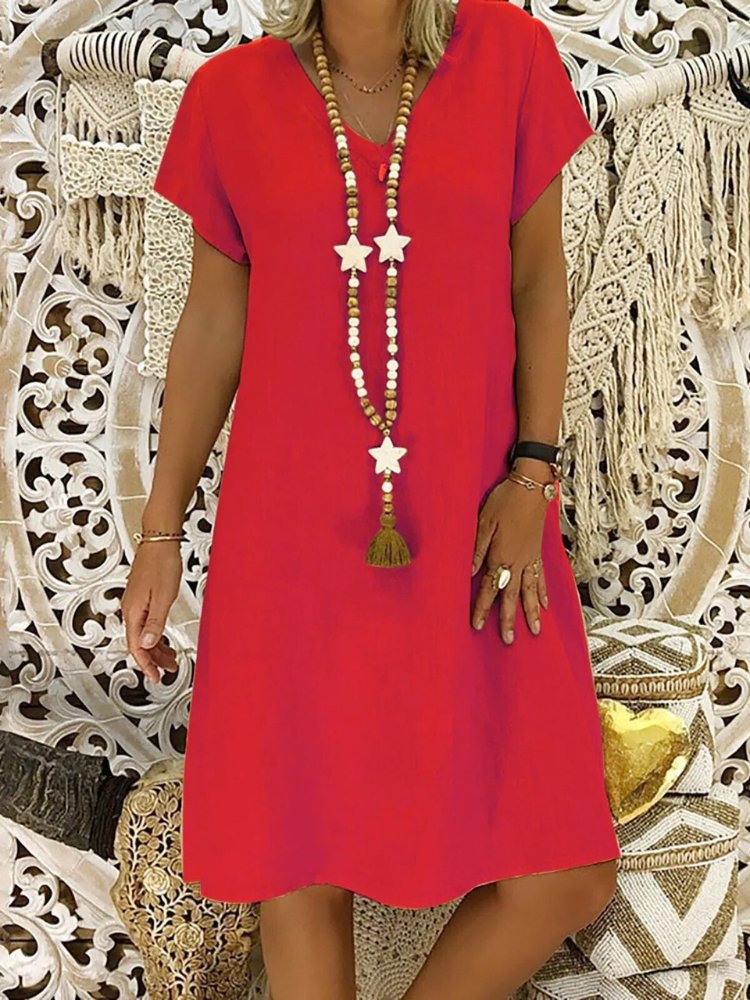 Vestido mini mujer de lino escote en v mangas cortas