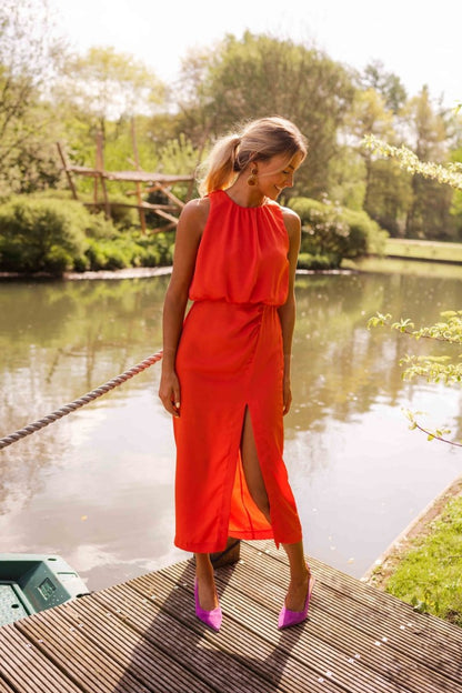 Vestido midi mujer sin mangas cuello alto diseño fluido