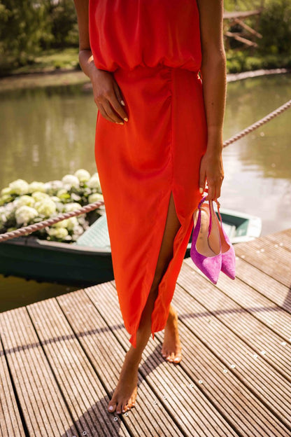 Vestido midi mujer sin mangas cuello alto diseño fluido