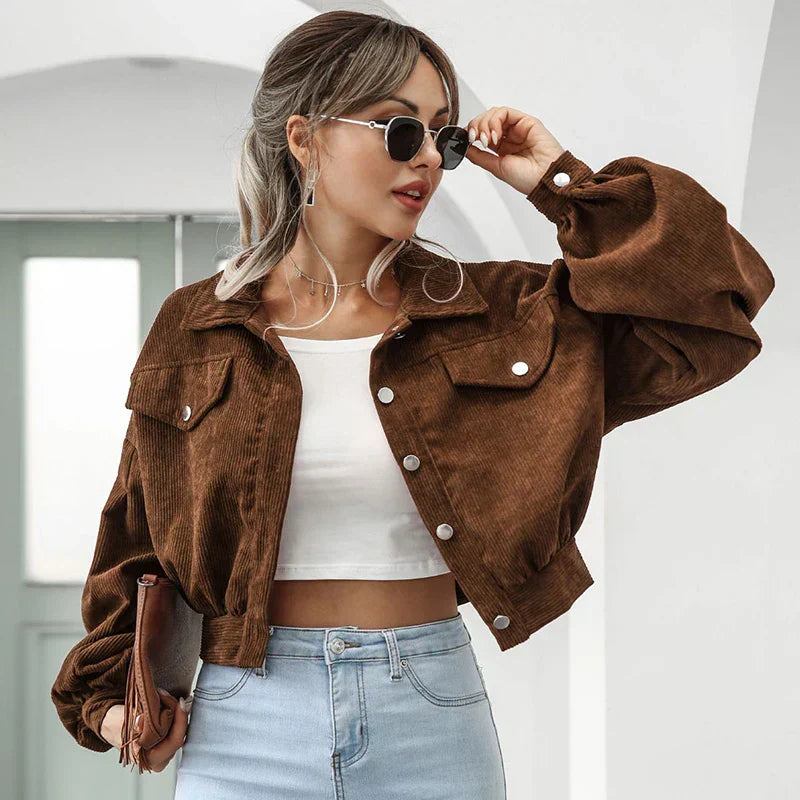 Chaqueta Mujer de Pana Corte Cropped Cuello Solapa Botones