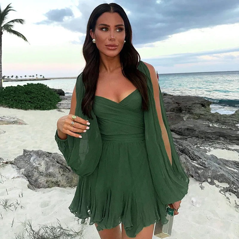 Vestido Corto Mujer Boho Volantes Manga Larga