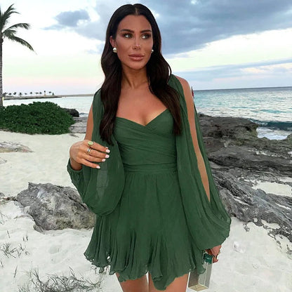 Vestido Corto Mujer Boho Volantes Manga Larga