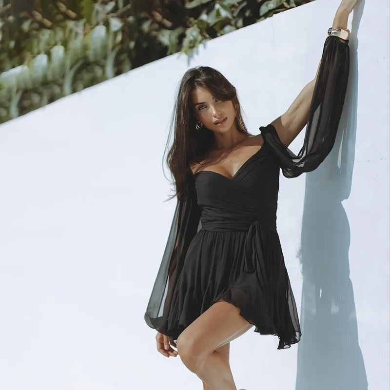Vestido Corto Mujer Boho Volantes Manga Larga