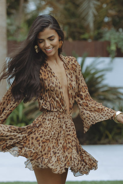 Vestido Corto Mujer Boho Volantes Manga Larga