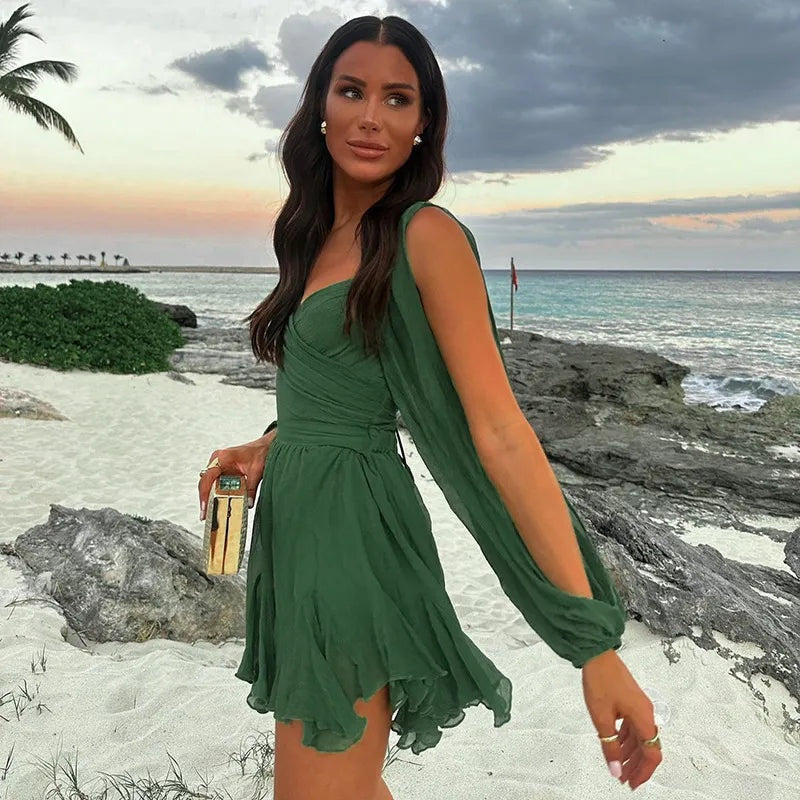 Vestido Corto Mujer Boho Volantes Manga Larga