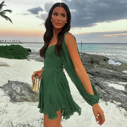 Vestido Corto Mujer Boho Volantes Manga Larga