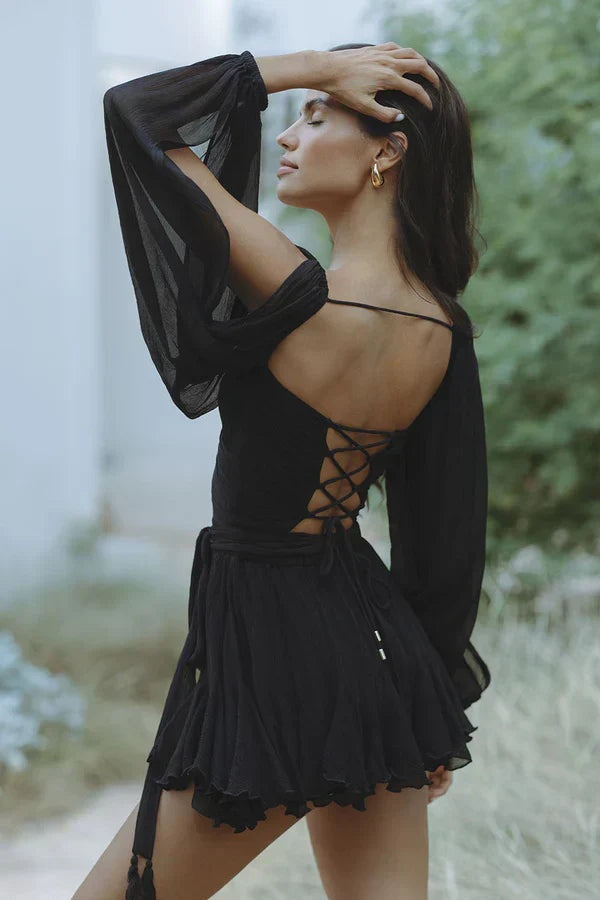 Vestido Corto Mujer con Volantes Manga Larga