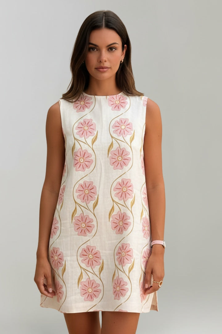 Vestido Corto Mujer de Algodón Estampado Floral Sin Mangas