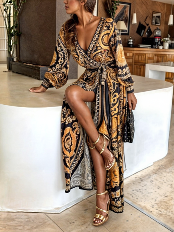 Vestido Largo Mujer Estampado Paisley Boho Escote en V