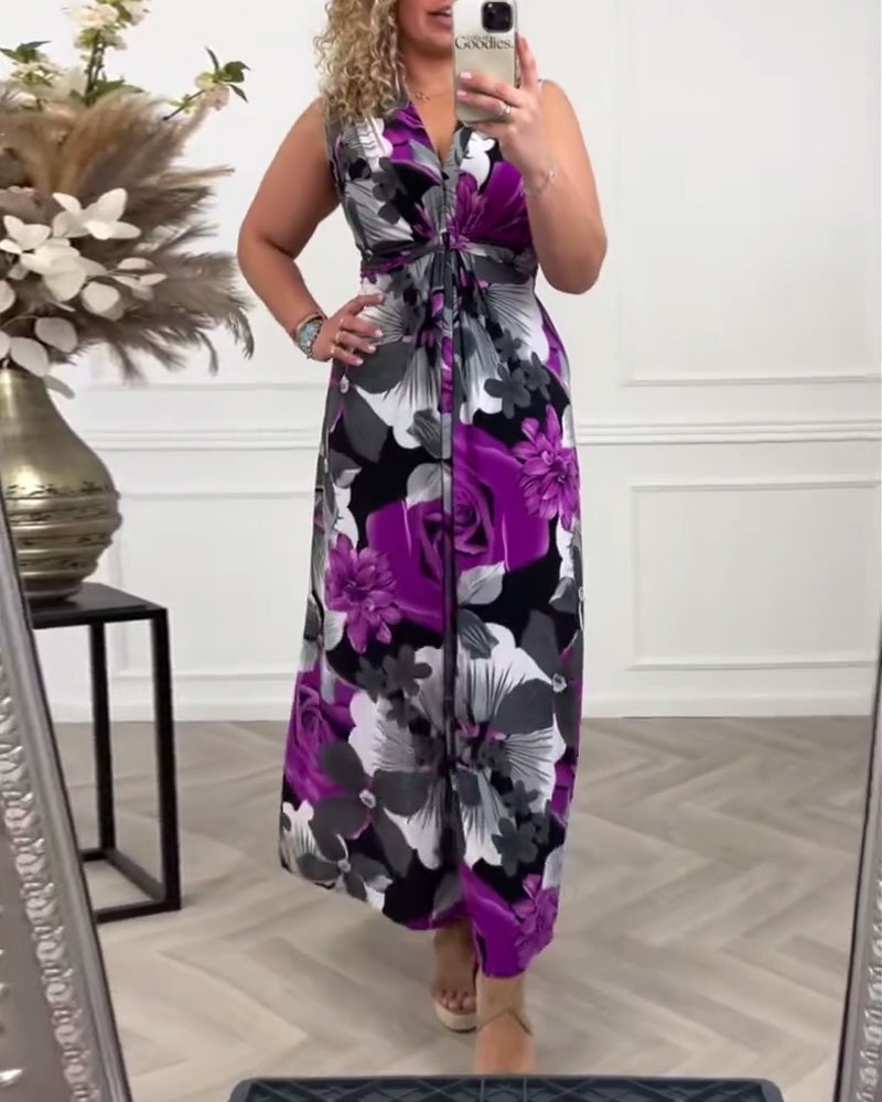 Vestido Largo Mujer Estampado Floral Escote en V