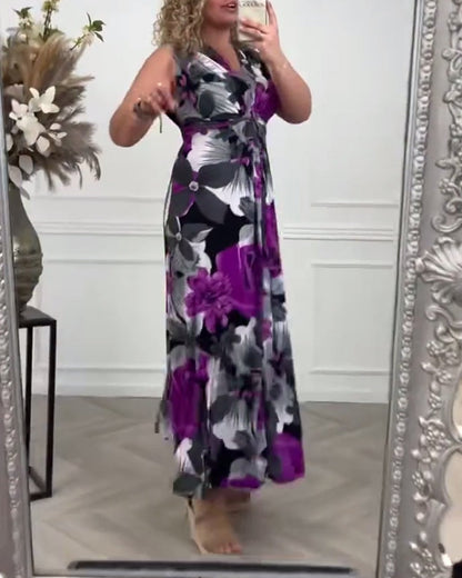 Vestido Largo Mujer Estampado Floral Escote en V