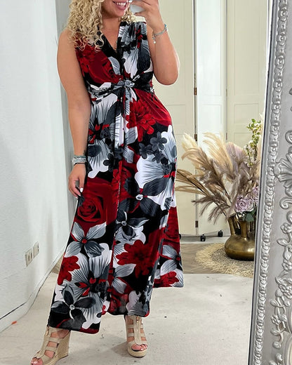 Vestido Largo Mujer Estampado Floral Escote en V