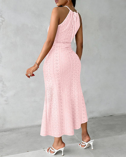 Vestido midi mujer Jacquard halter abertura verano