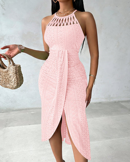 Vestido midi mujer Jacquard halter abertura verano