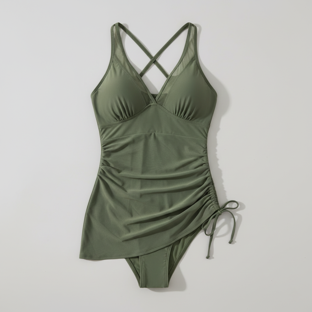 Vestido de baño Mujer con escote en V Falda de malla fruncida