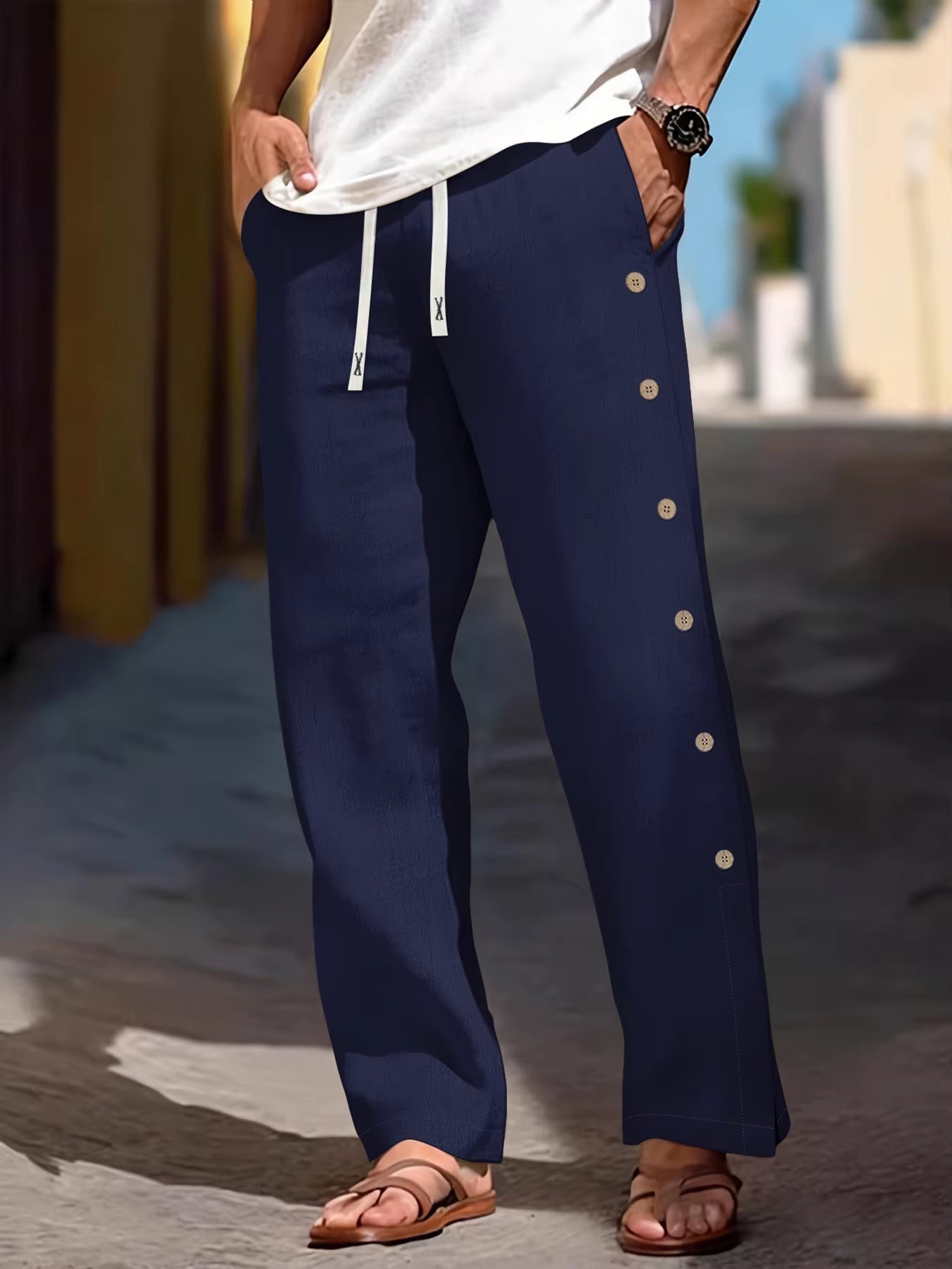 Pantalones Mujer de Lino Cintura Elástica Detalle Botones Laterales