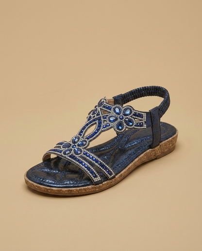 Sandalias Planas Mujer con Strass y Detalle Joya