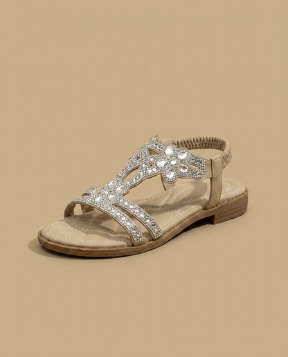 Sandalias Planas Mujer con Strass y Detalle Joya