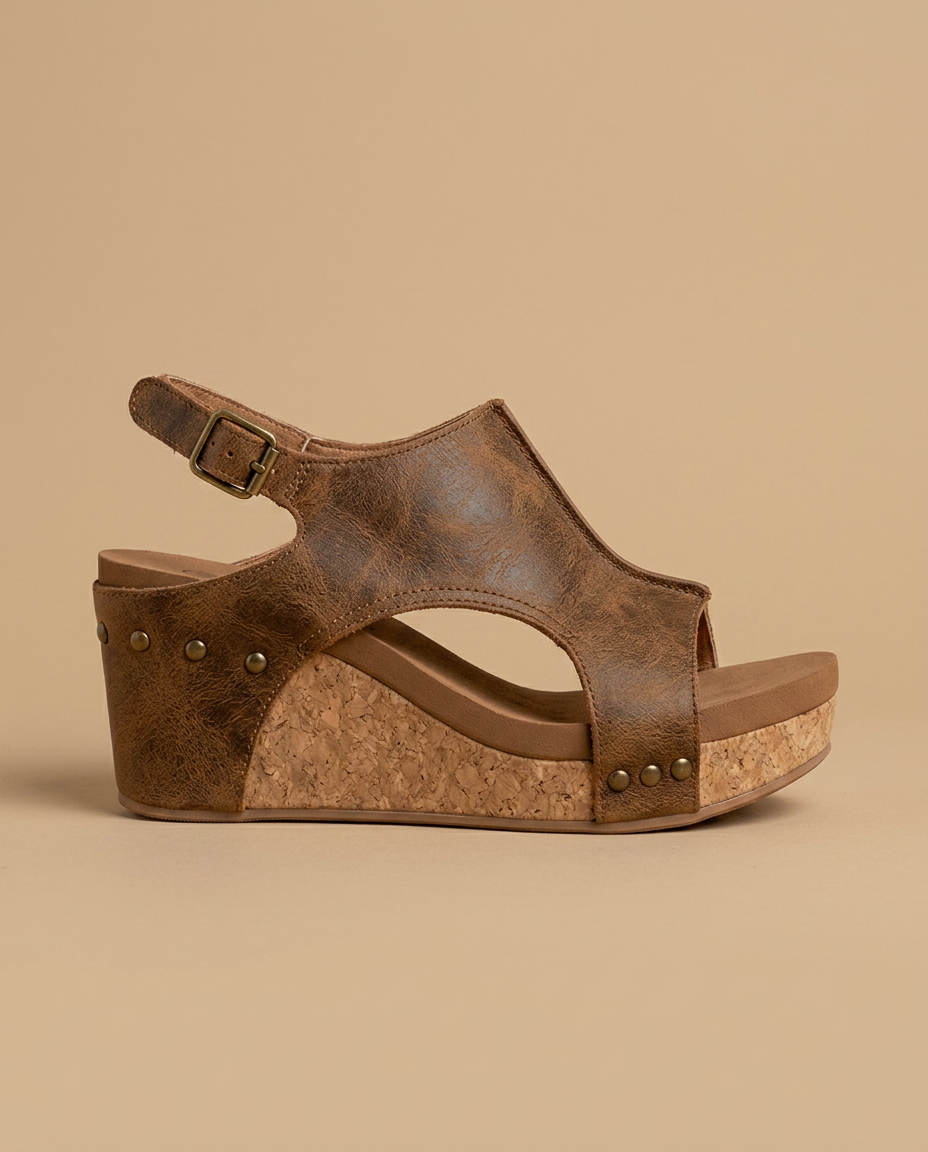 Sandalias Mujer Cuña Corcho Cuero Envejecido