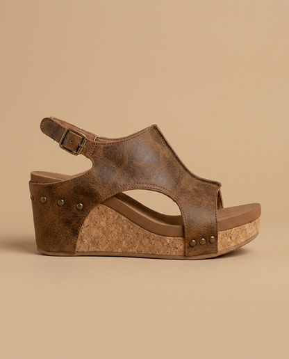 Sandalias Mujer Cuña Corcho Cuero Envejecido