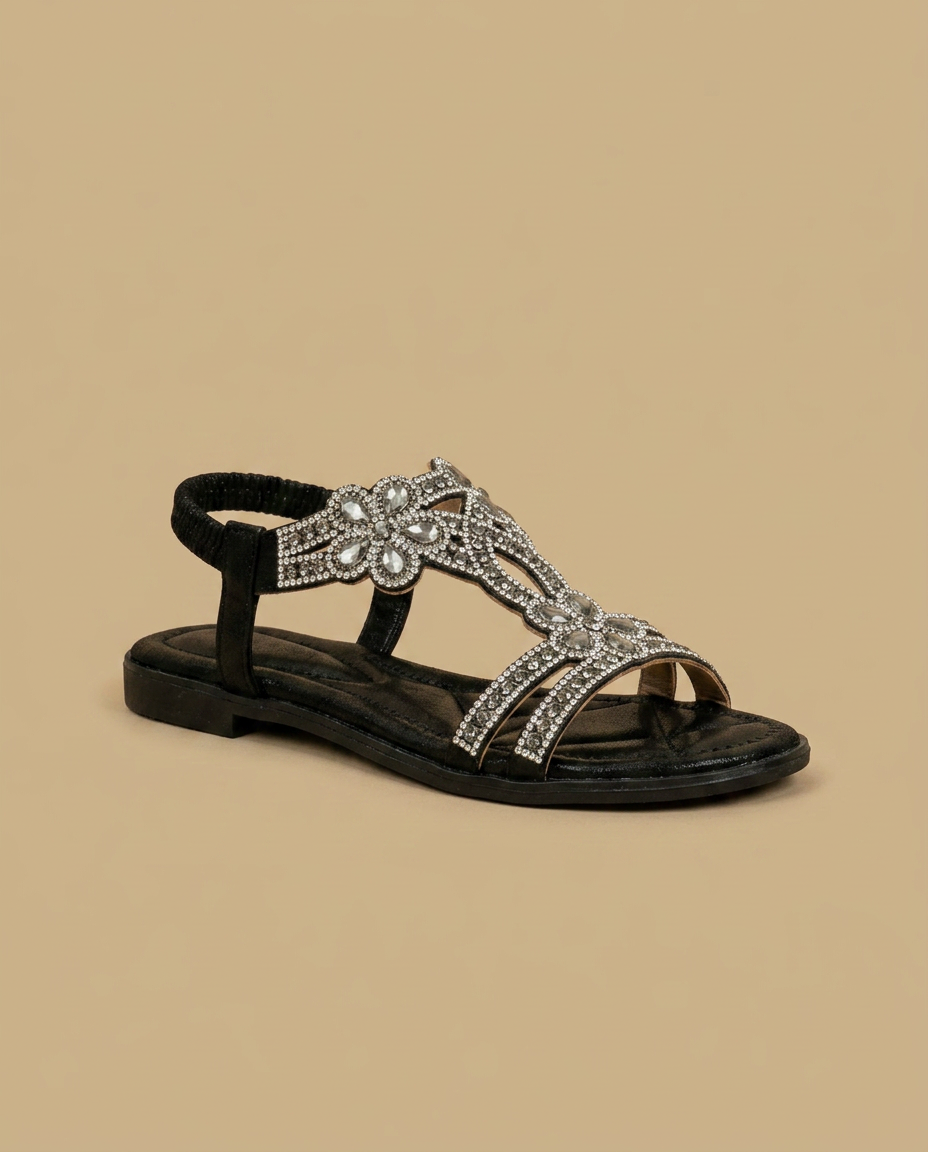 Sandalias Planas Mujer con Strass y Detalle Joya