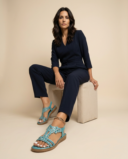 Sandalias Planas Mujer con Strass y Detalle Joya