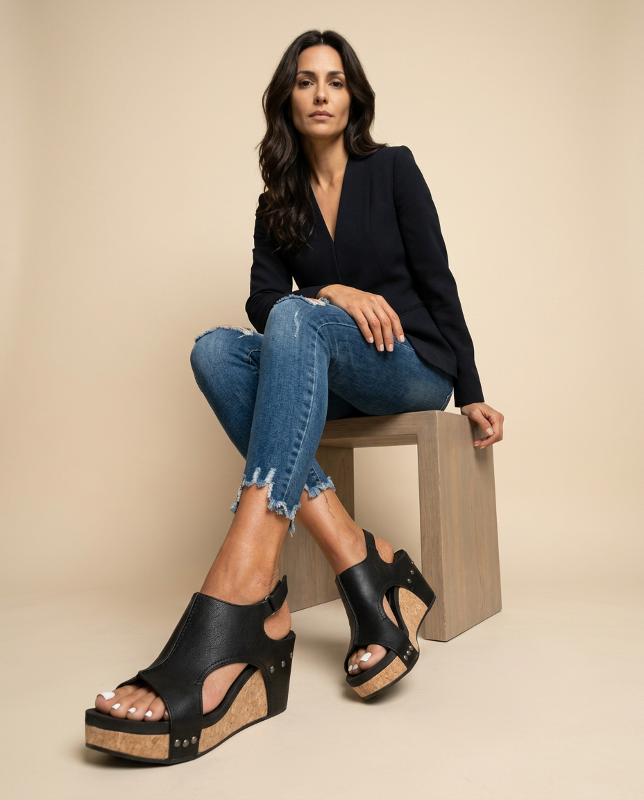 Sandalias Mujer Cuña Corcho Cuero Envejecido