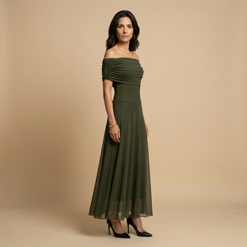 Vestido Largo Mujer Tul Fruncido Escote Off-Shoulder