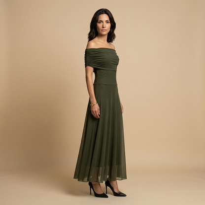 Vestido Largo Mujer Tul Fruncido Escote Off-Shoulder