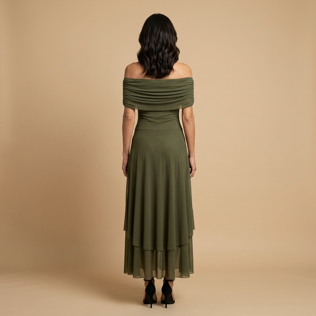 Vestido Largo Mujer Tul Fruncido Escote Off-Shoulder