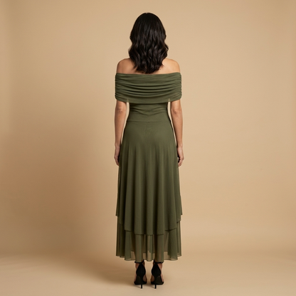 Vestido Largo Mujer Tul Fruncido Escote Off-Shoulder