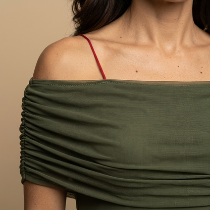 Vestido Largo Mujer Tul Fruncido Escote Off-Shoulder