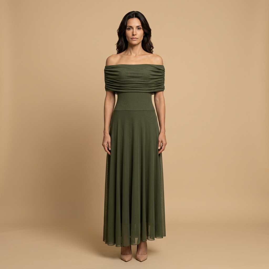 Vestido Largo Mujer Tul Fruncido Escote Off-Shoulder - Mavetta